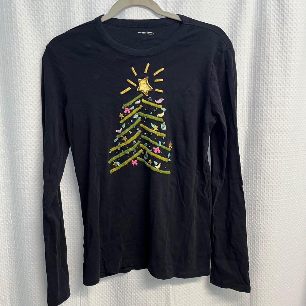 Michael Simon Event Black Christmas Tree Embroidered Beaded Long Sleeve Top